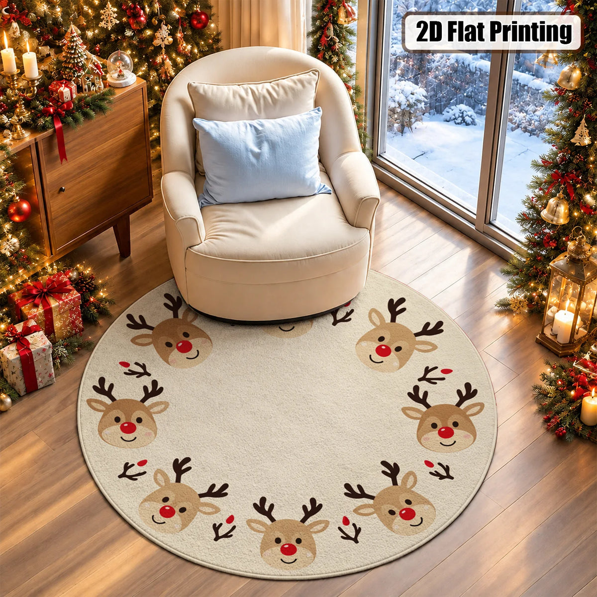 Machine Washable Reindeer Head Velvet Rug for Living Room and Bedroom