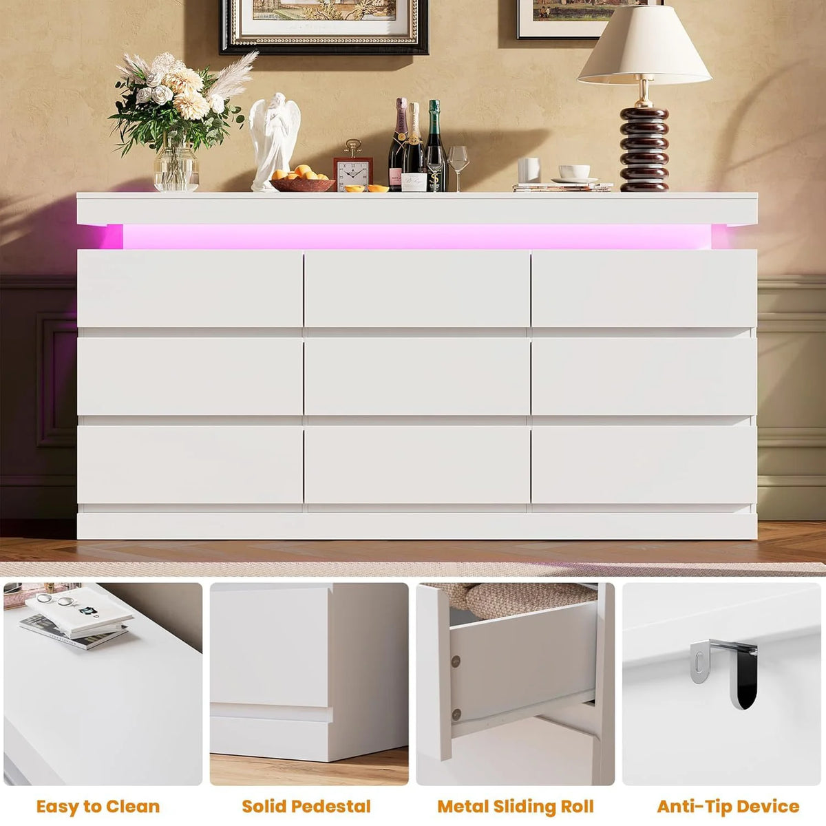 63in 9 Drawer Dresser With LED Lights & Charging Station, Wide Bedroom Chest TV Stand Console For Living Room Entryway Hallway
