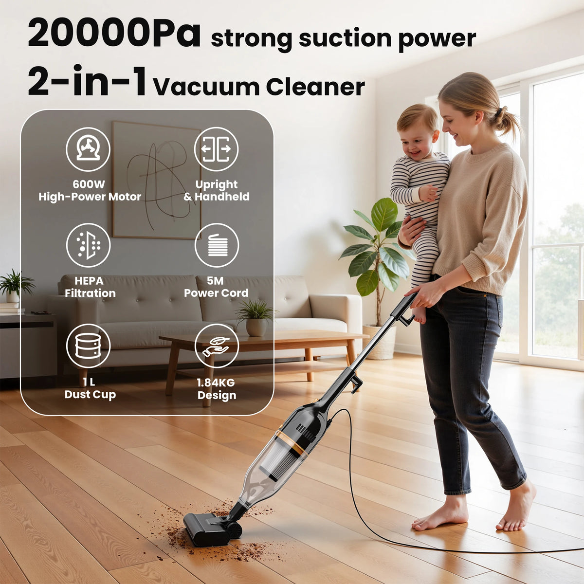 INSE R7 Corded Vacuum Cleaner Handheld Stick Vacuum 600W Powerful 3 In1 Lightweight Vacuum Cleaners for Home Hard Floor Pet Hair
