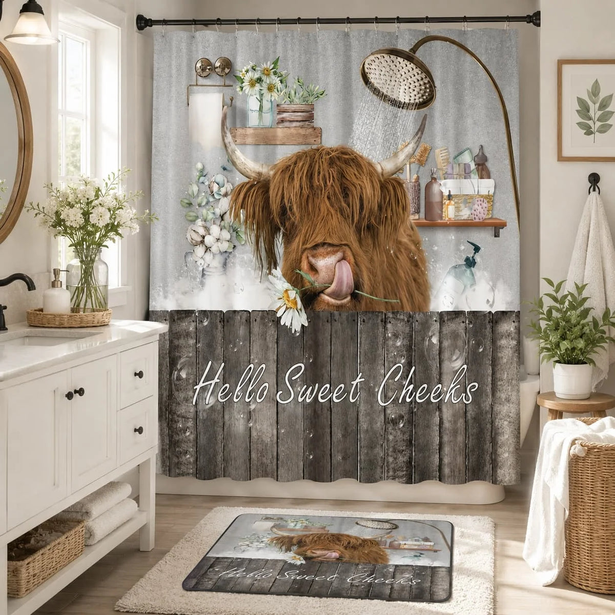 Farmhouse Highland Cow Polyester Shower Curtain for Bathroom Decor