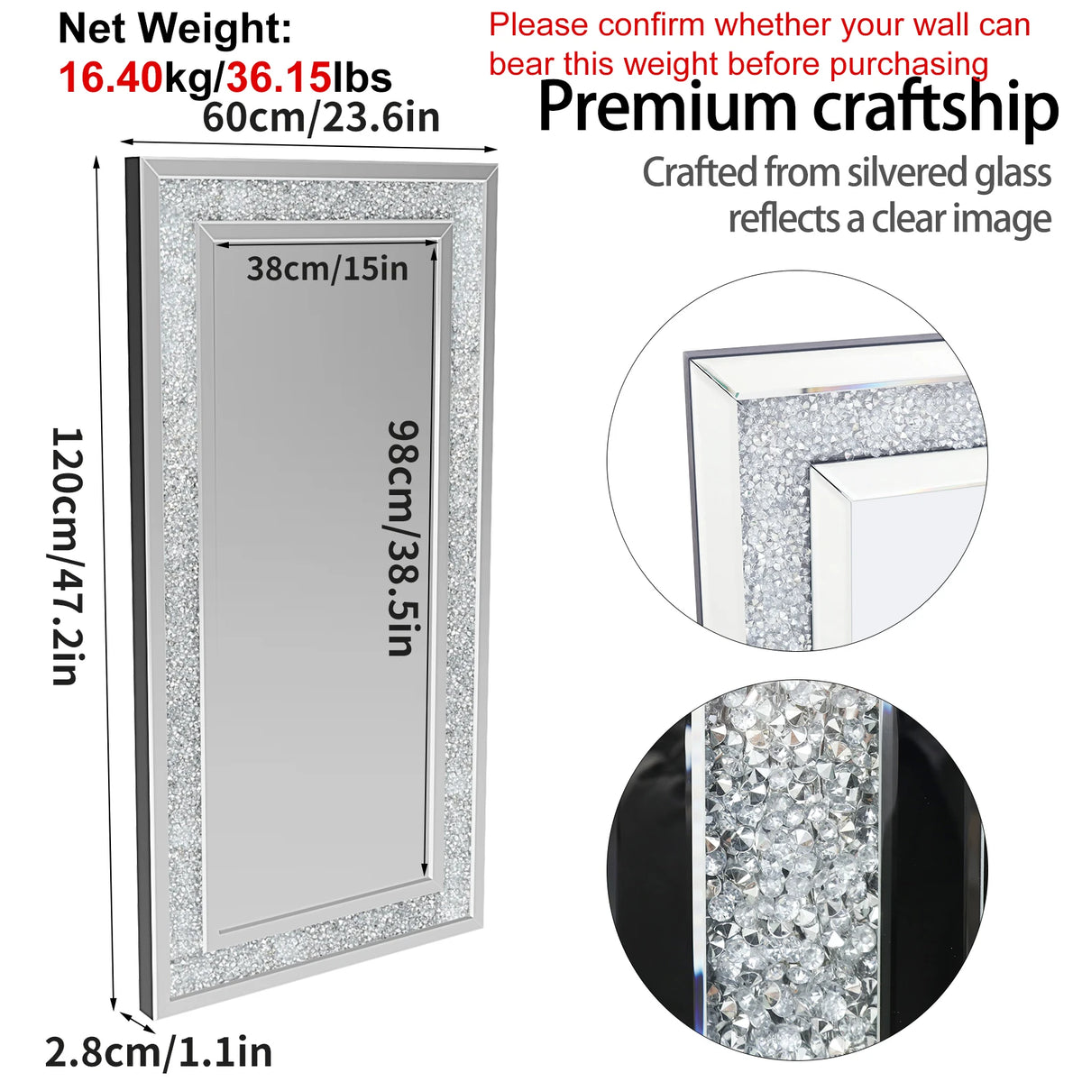 Crystal Crush Diamond Wall Mirror For Bedroom And Bathroom