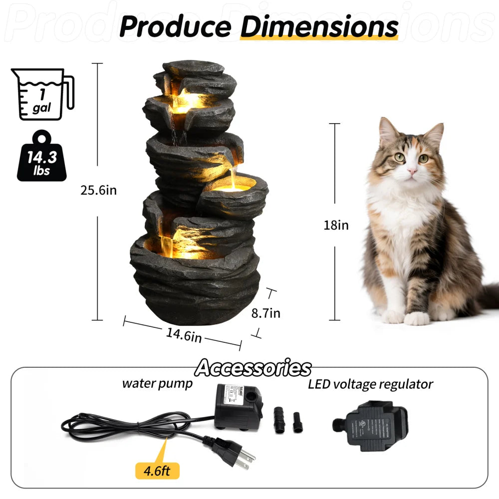 Outdoor Cascading Waterfall Fountain with Lights for Garden Decor