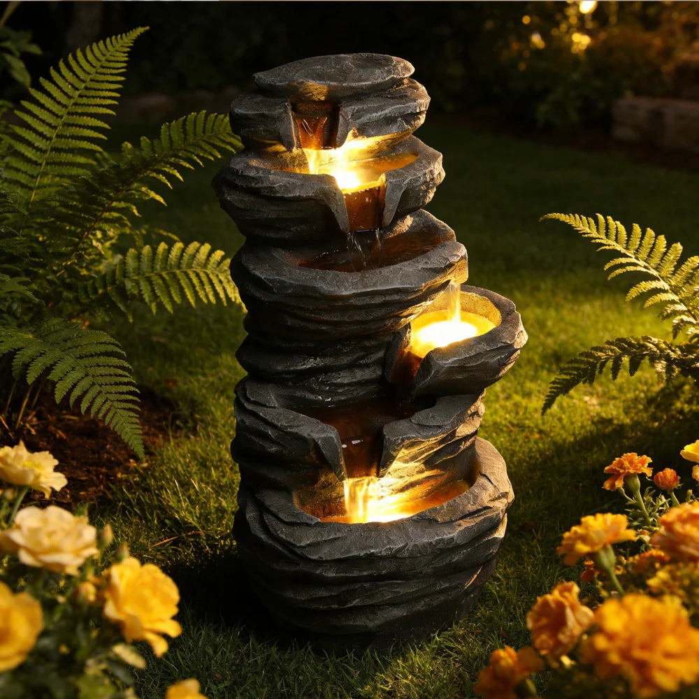 Outdoor Cascading Waterfall Fountain with Lights for Garden Decor