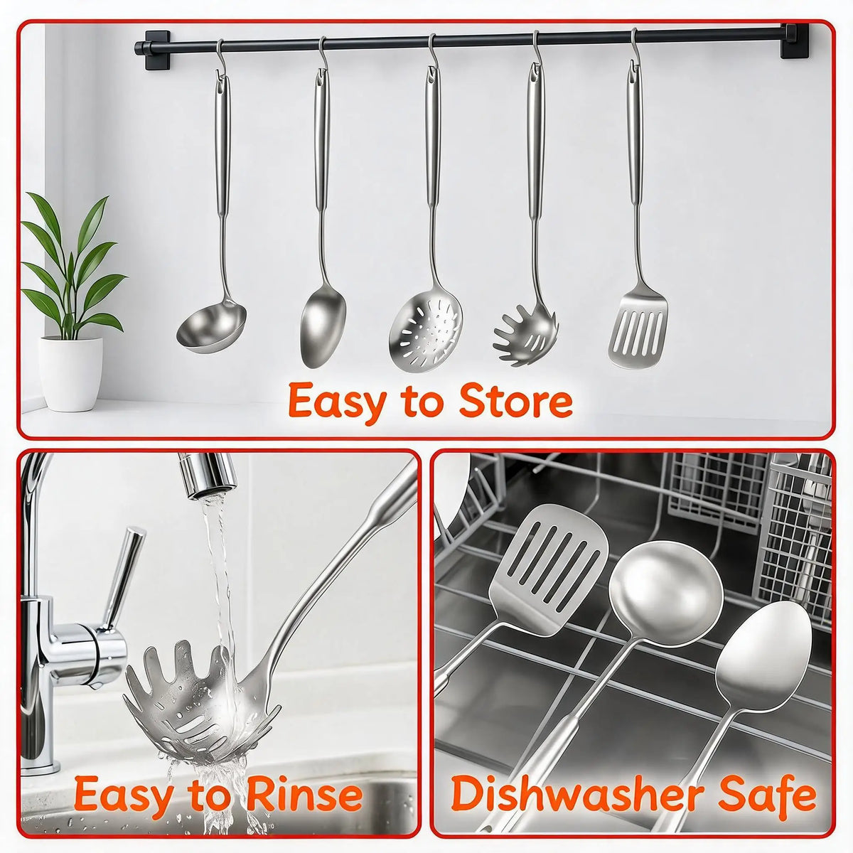 Stainless Steel Kitchen Utensil Set with Turner, Ladle and Skimmer
