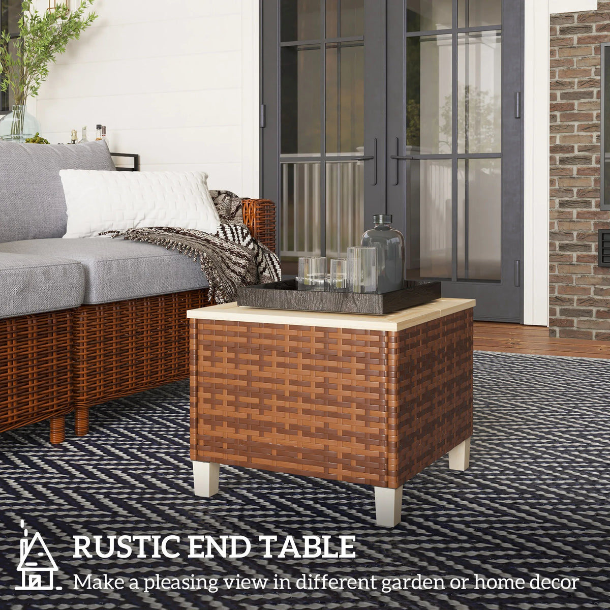 Outsunny Outdoor Side Table With PE Rattan And Wood Top