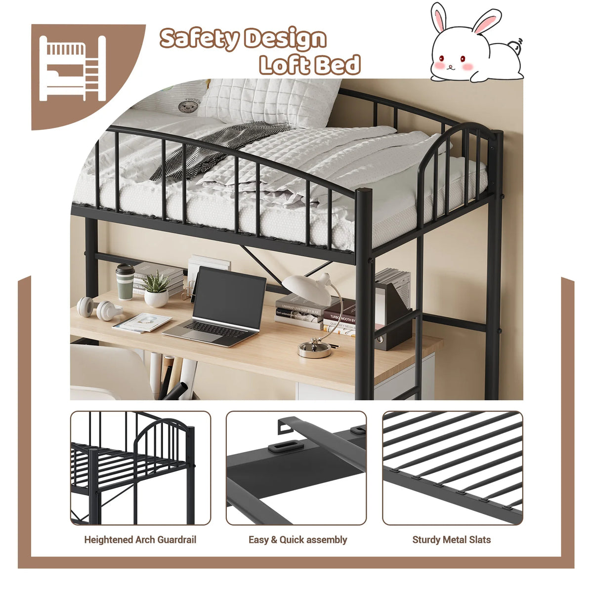 GarveeLife Heavy Duty Metal Loft Bed Frame With Guardrail