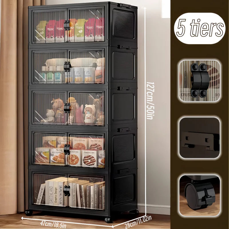 ONENOBLE Foldable Rolling Storage Cabinet With Clear Double Doors