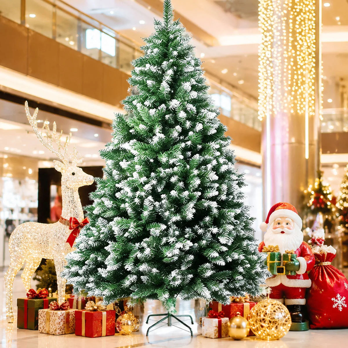 Flocked Artificial Tree With Foldable Metal Base for Holiday Decor