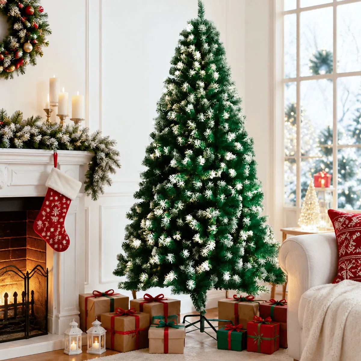 Flocked Artificial Tree With Foldable Metal Base for Holiday Decor