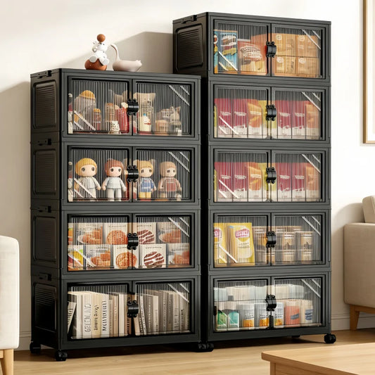 ONENOBLE Foldable Rolling Storage Cabinet With Clear Double Doors