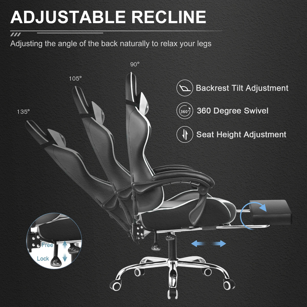 GTPLAYER Gaming Chair With Footrest, Lumbar Support And Headrest