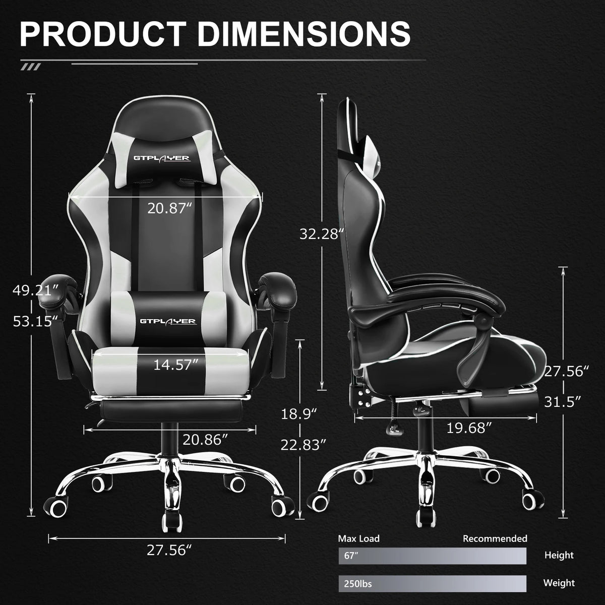 GTPLAYER Gaming Chair With Footrest, Lumbar Support And Headrest