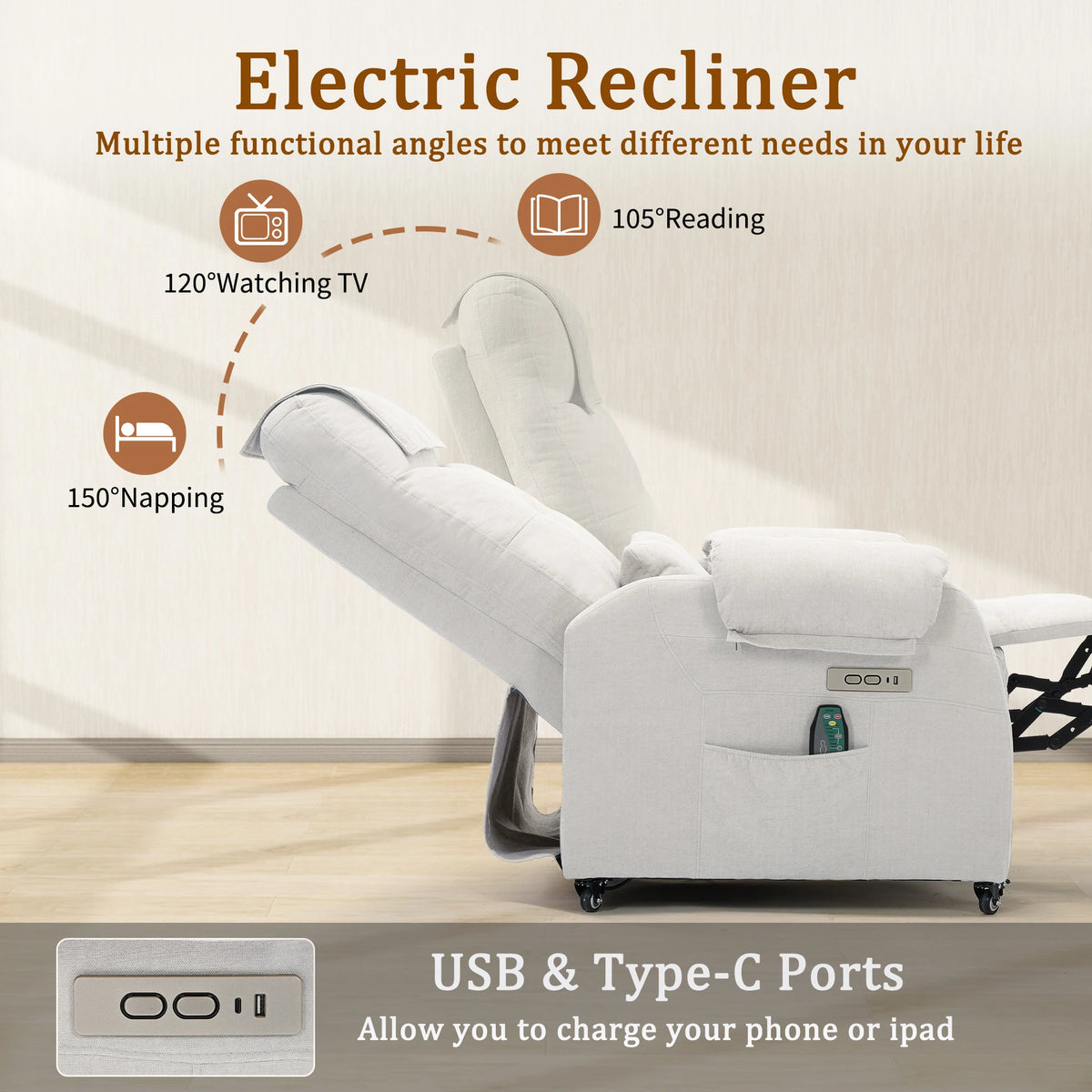 Korser Recliner Chair with Wheels and USB Ports for Home Living