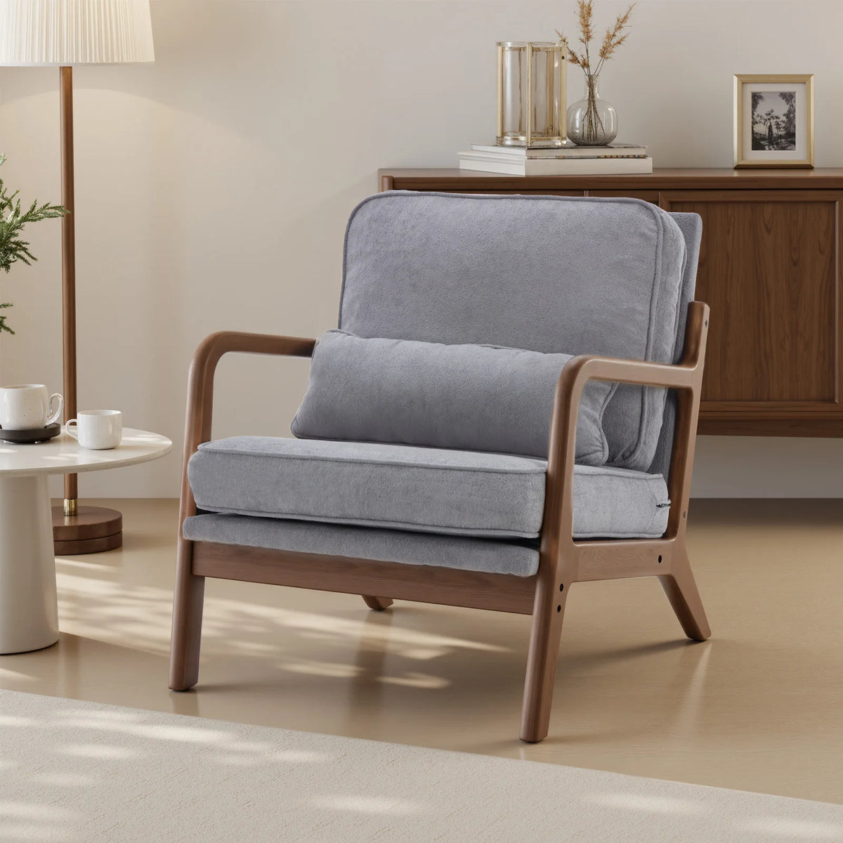 JHK Mid Century Wooden Accent Chair With Arms And Cushion