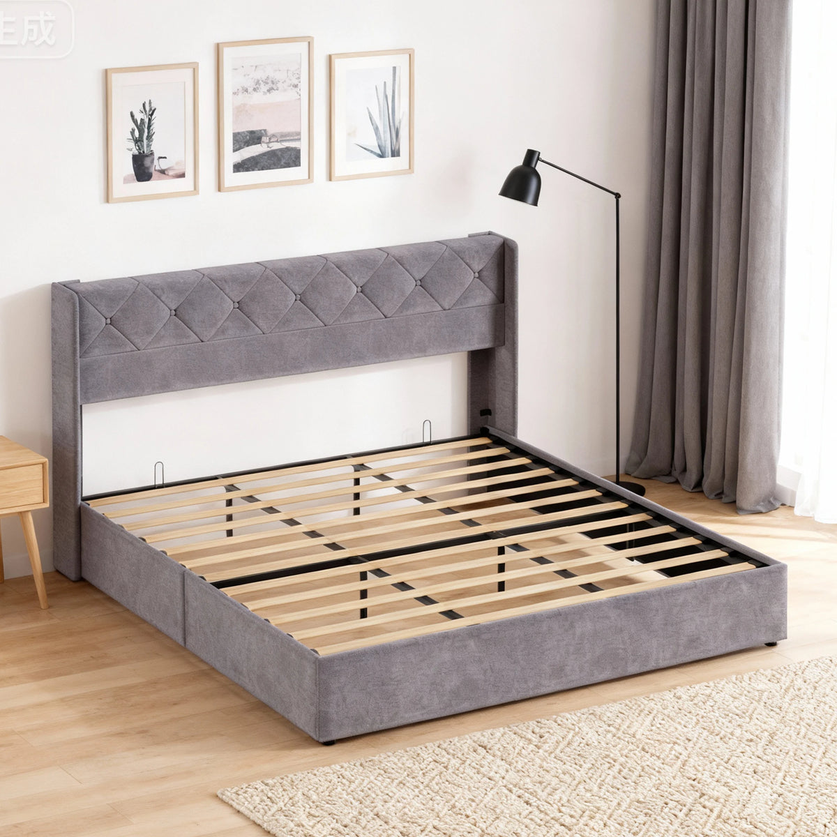 MCQ Upholstered Lift Up Storage Bed Frame With Wingback Headboard