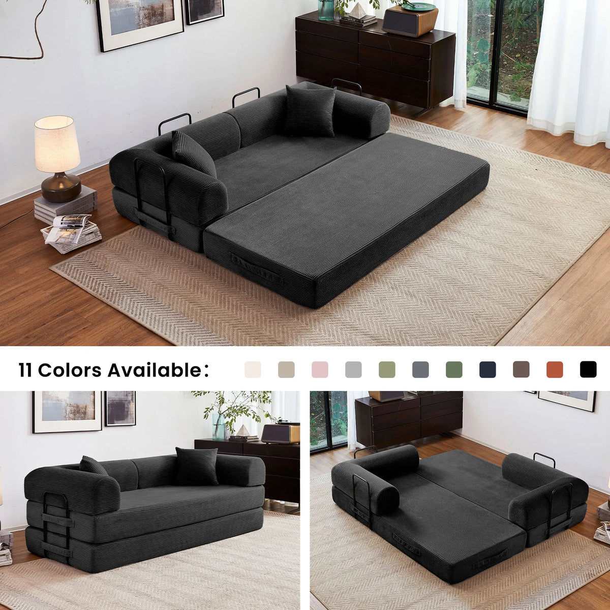 Foldable Convertible Futon Sleeper Sofa Bed With L Shaped Armrests