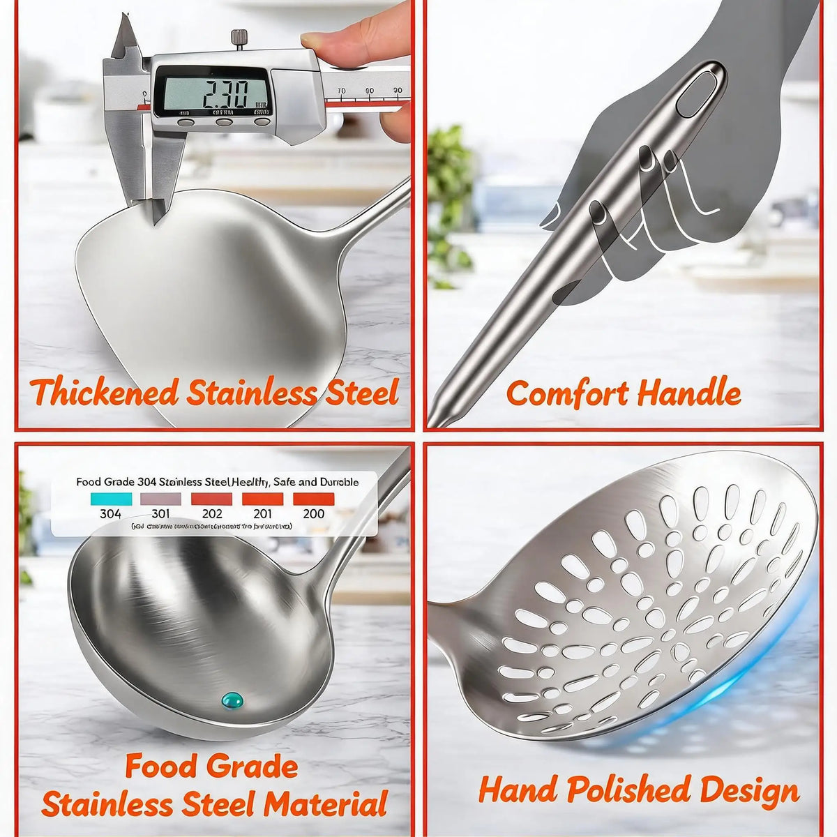 Stainless Steel Kitchen Utensil Set with Turner, Ladle and Skimmer
