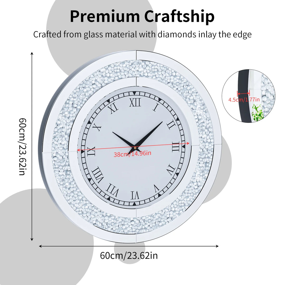 Crystal Sparkle Mirrored Wall Clock for Living Room Decor