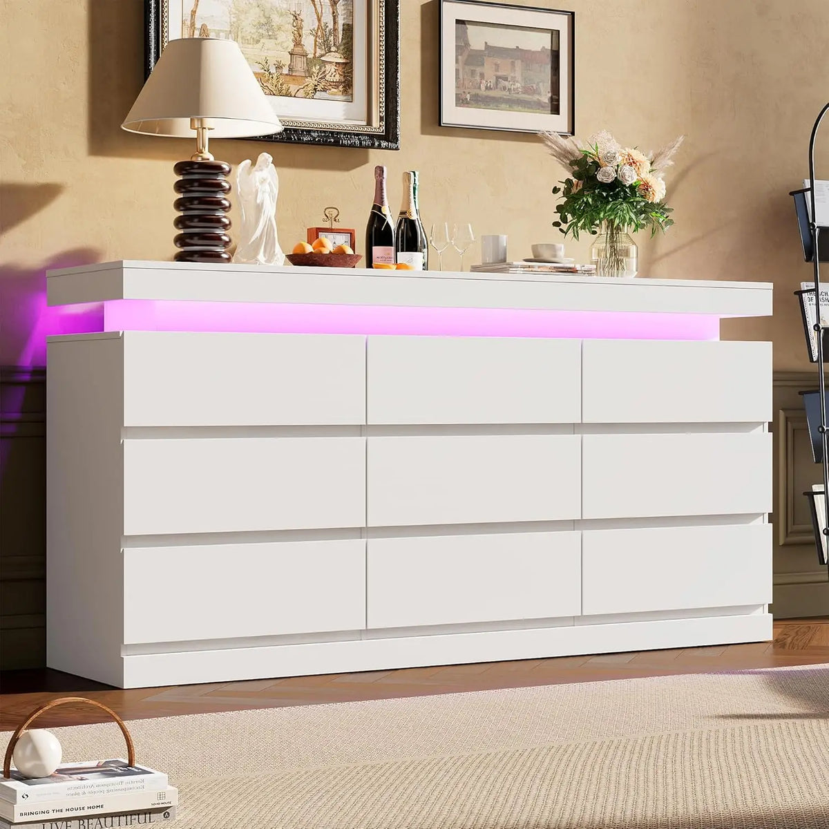 63in 9 Drawer Dresser With LED Lights & Charging Station, Wide Bedroom Chest TV Stand Console For Living Room Entryway Hallway