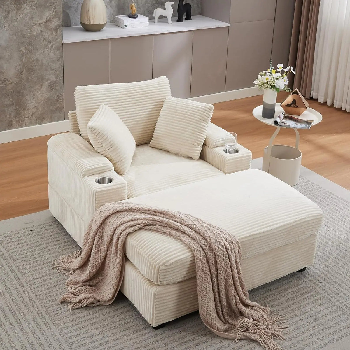 Oversized Double Chaise Lounge With Ottomans And Storage Cup Holders