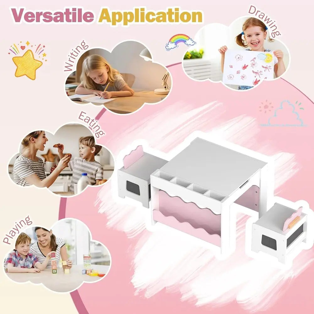 Kids Table and Chairs, Wooden 4-in-1 Activity Desk Set w/Double-Sided Tabletop, Chalkboard, Bookshelves, Small Comparents & abri