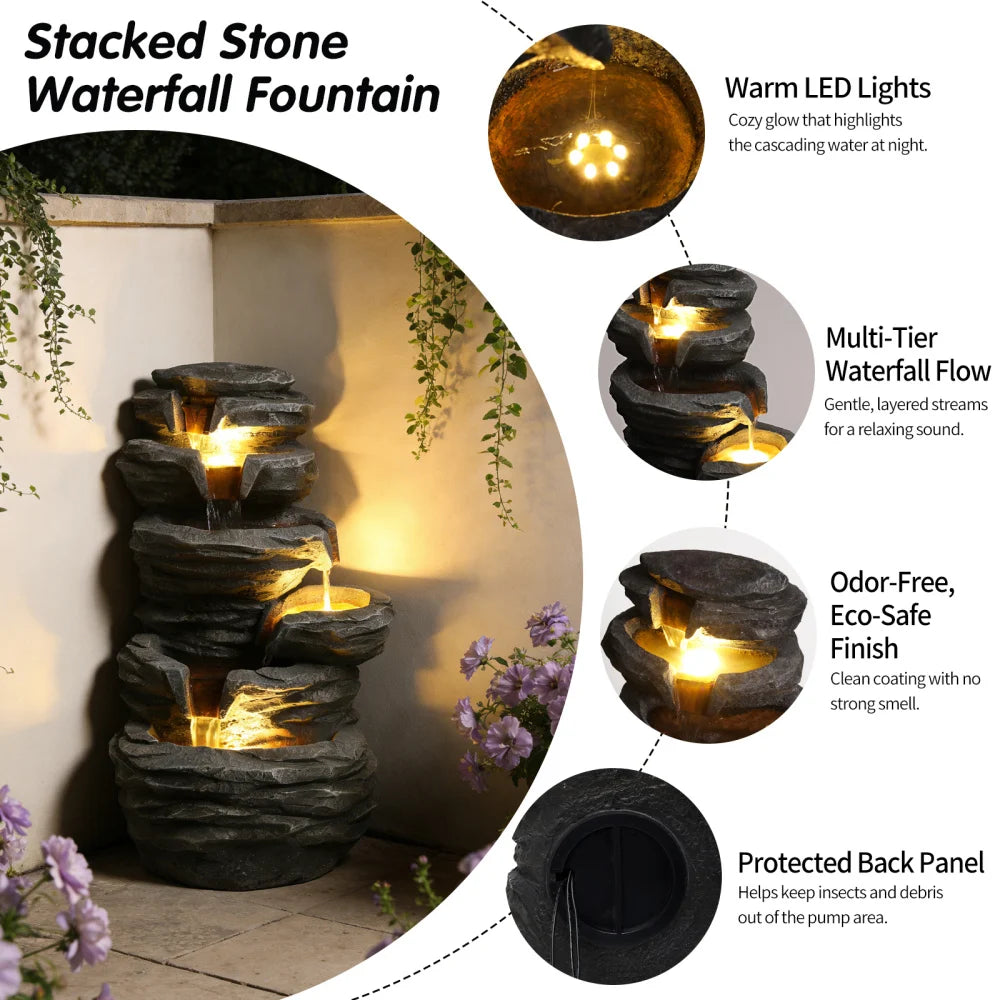 Outdoor Cascading Waterfall Fountain with Lights for Garden Decor