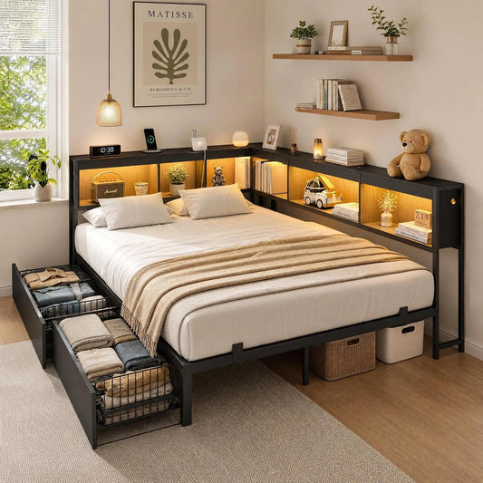 HiMISS Corner Bed Frame With Bookcase Headboard And LED Lights