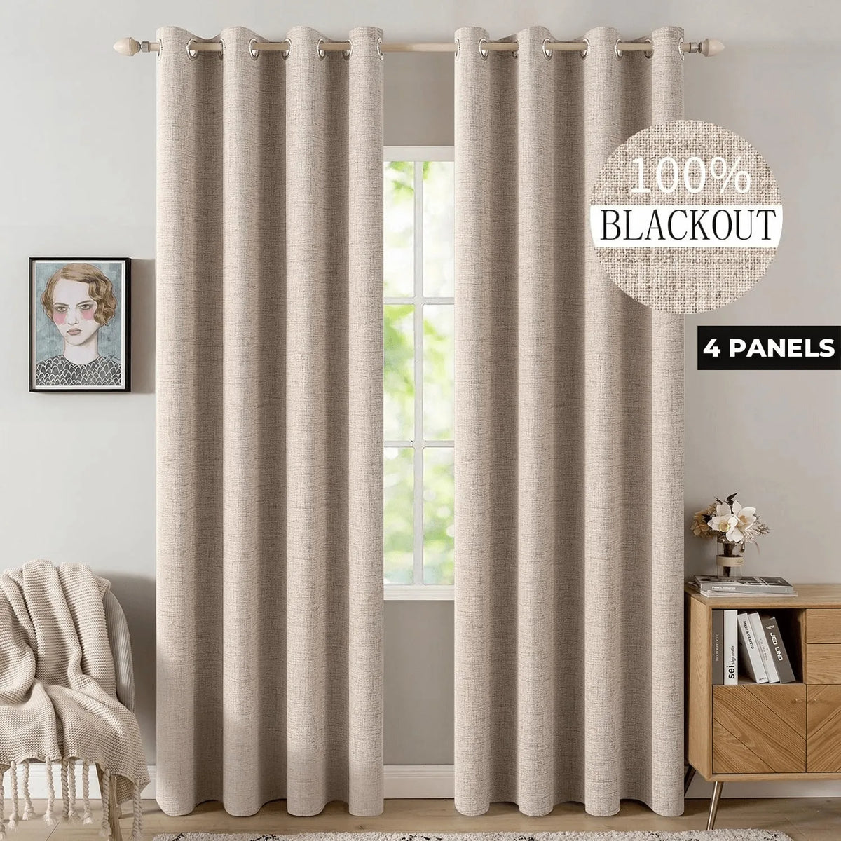 Linen Textured Full Light Blocking Thermal Insulated Grommet Curtains