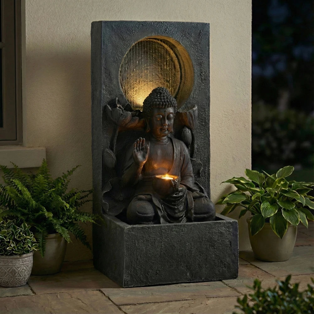 Zen Buddha Waterfall Fountain with LED for Garden Patio Decor