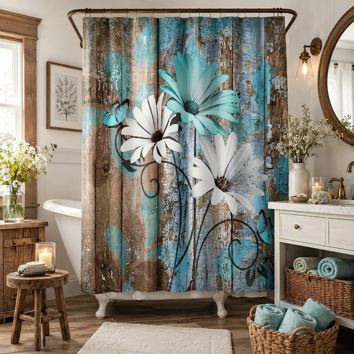 Farmhouse Floral Garden Shower Curtain with Hooks for Rustic Bathrooms
