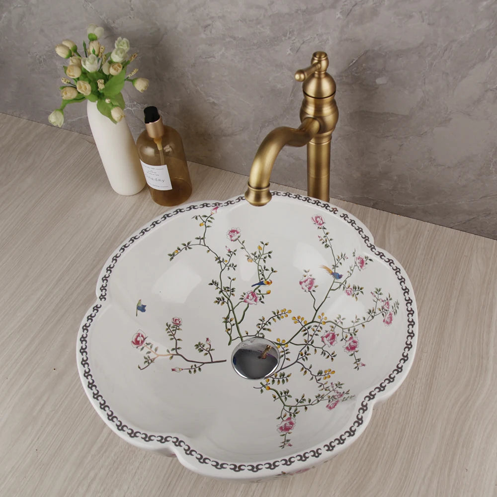 MEKKHALA Floral Ceramic Vessel Sink Set With Waterfall Faucet Combo