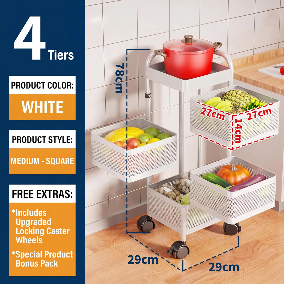 4 5 Tier Rotating Kitchen Storage Cart Thickened Carbon Steel With Wheels Top Lid Fruit Vegetable Basket Mobile Produce Organizer Utility Rack For Bathroom Living Room No Assembly Required