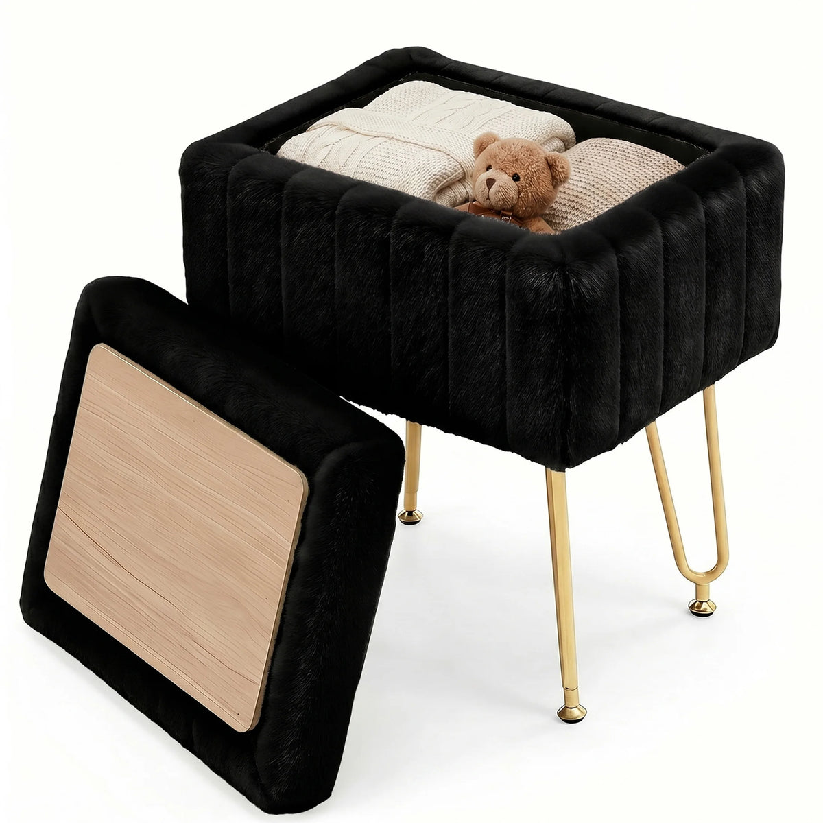 JHK Faux Fur Vanity Stool With Hidden Storage Metal Legs