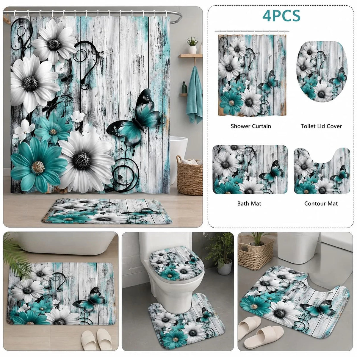Floral Butterfly Bathroom Shower Curtain Set Rugs Toilet Lid Cover