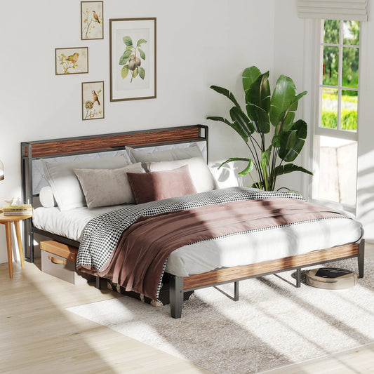 JHK King Size Soft Pack Heavy Duty Metal Bed Frame with Headboard Charging Station 1100lbs Capacity Easy Assembly For Bedroom