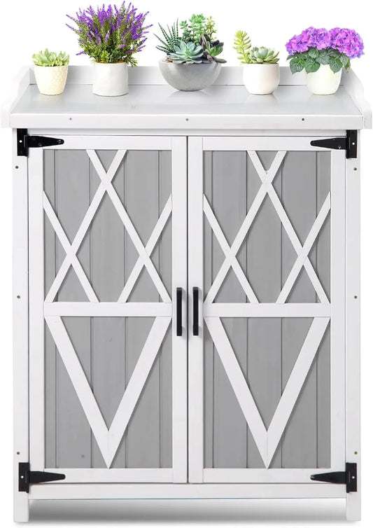 Fir Wood Iron Garden Work Table with Outdoor Storage Cabinet