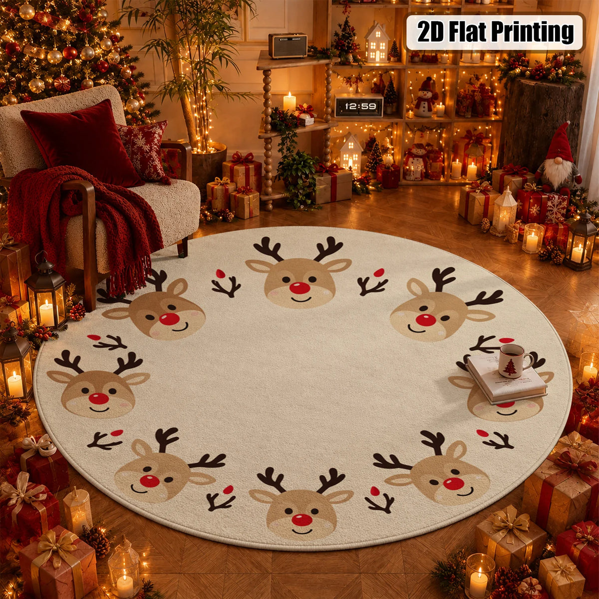 Machine Washable Reindeer Head Velvet Rug for Living Room and Bedroom