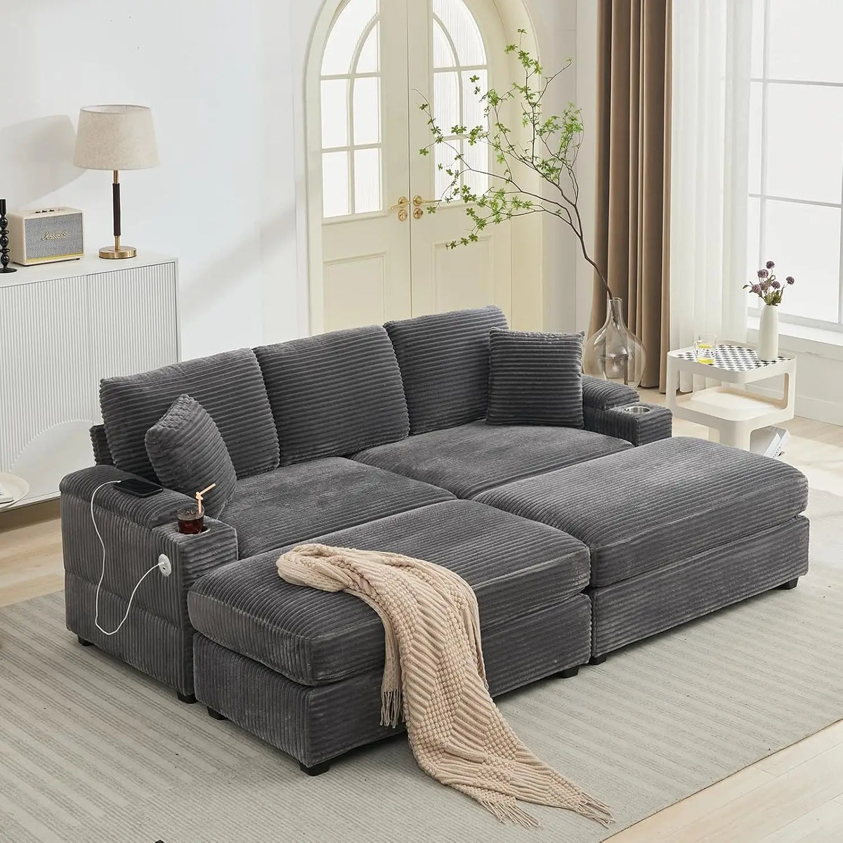Oversized Double Chaise Lounge With Ottomans And Storage Cup Holders