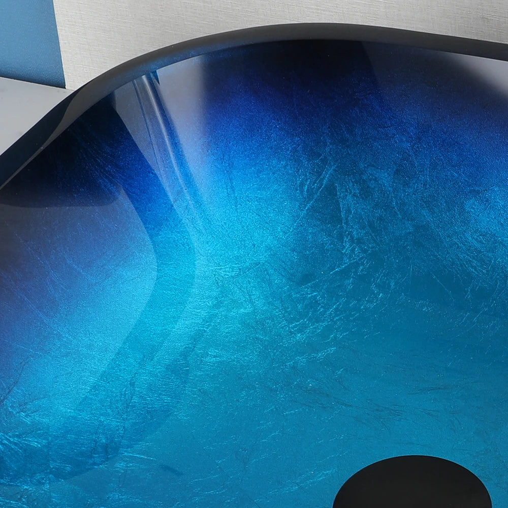 KEMAIDI Artistic Vessel Sink -17 Inch Square Tempered Glass Bowl with Faucet Drain Combo for Above Counter Bathroom Vanity Blue