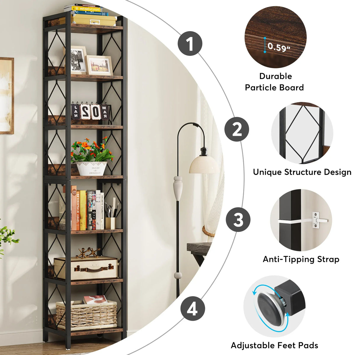 Tribesigns Tall Narrow Freestanding Bookshelf for Small Spaces