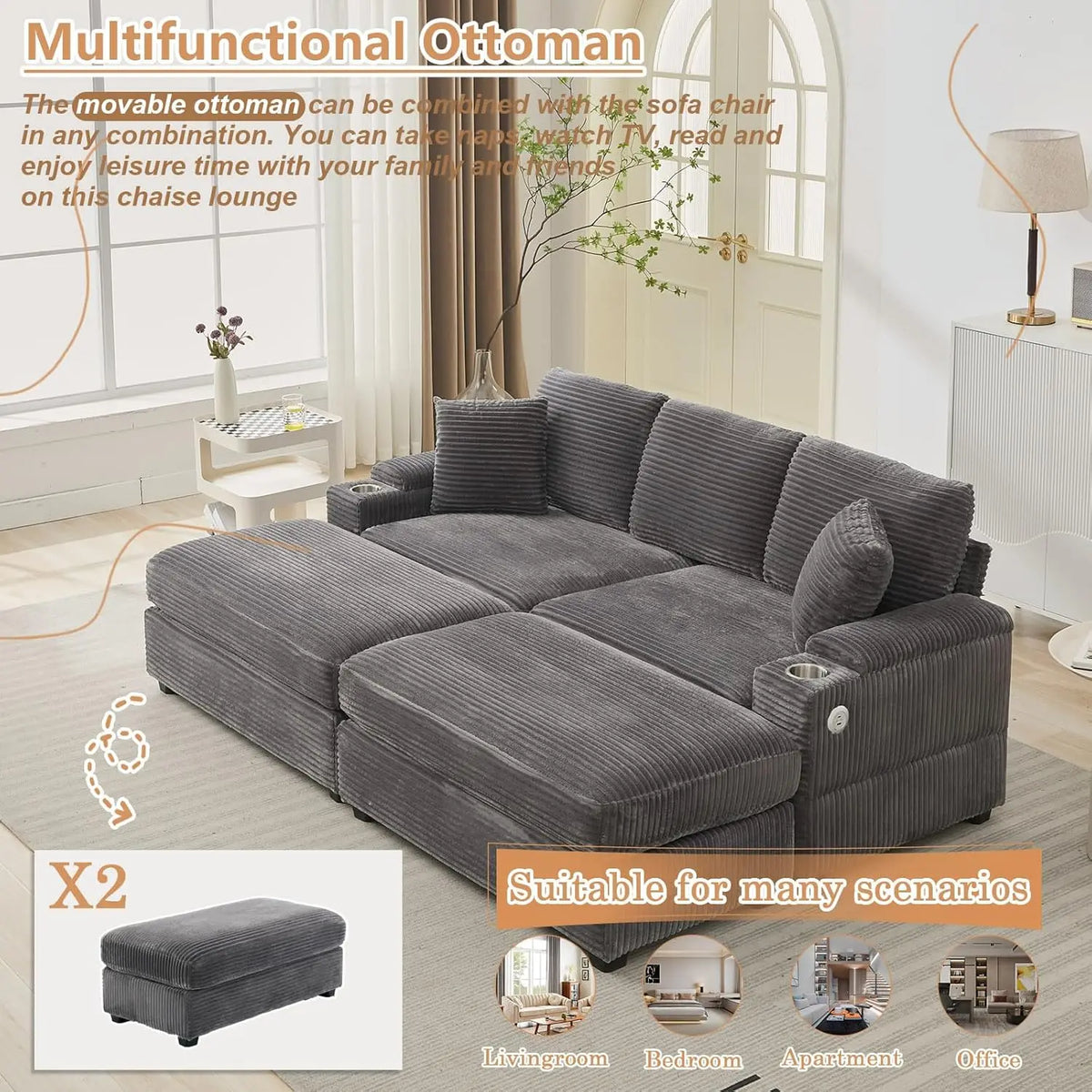 Oversized Double Chaise Lounge With Ottomans And Storage Cup Holders