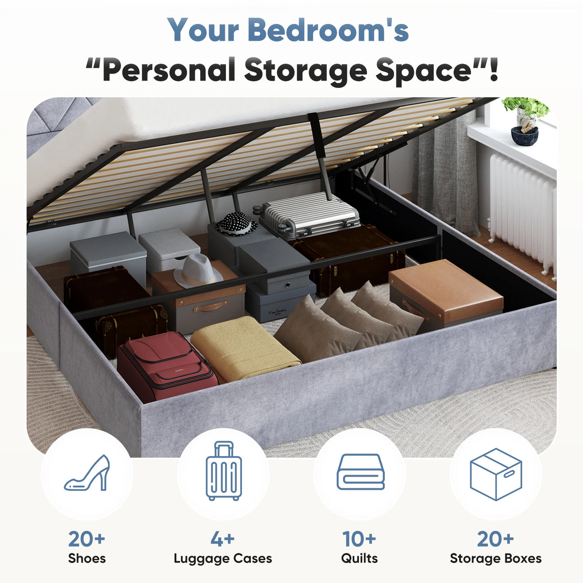 JHK Lift Up Storage Bed Modern Upholstered Platform Bed Frame with Wingback Headboard Hydraulic Lift Storage No Box Spring Needed Easy Assembly For Bedroom