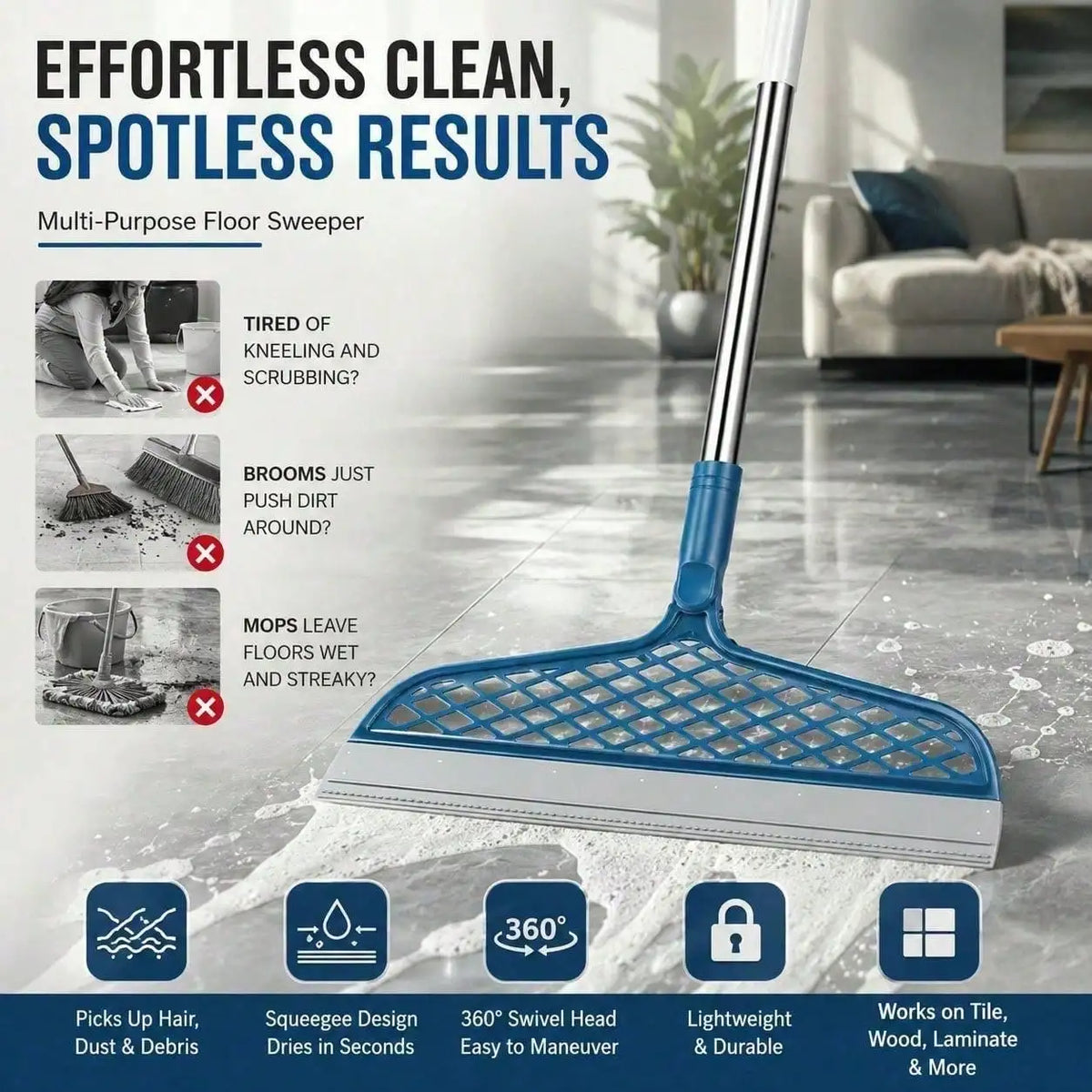 Silicone Broom Floor and Carpet Cleaner with Pet Hair Remover