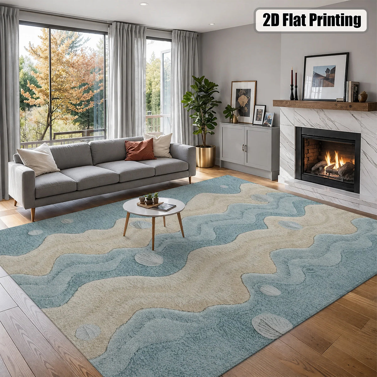 Machine Washable Coastal Wave Seashell Rug With Non Slip Backing