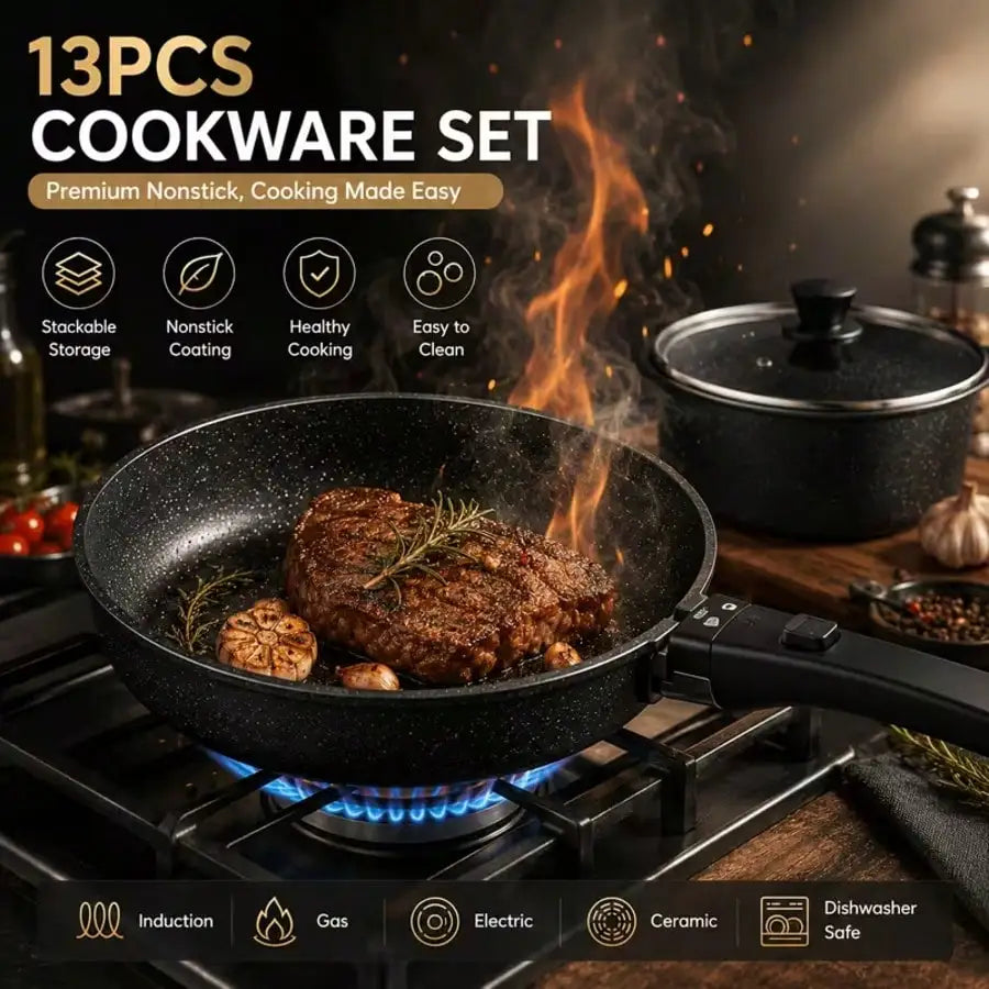 Premium 13PCS Nonstick Cookware Set With Detachable Handles, Matte Black Stackable Pots And Pans Set For Modern Kitchen, RV Camping, Induction Compatible Cooking Set(304 Stainless Steel) sh260805145768381269248