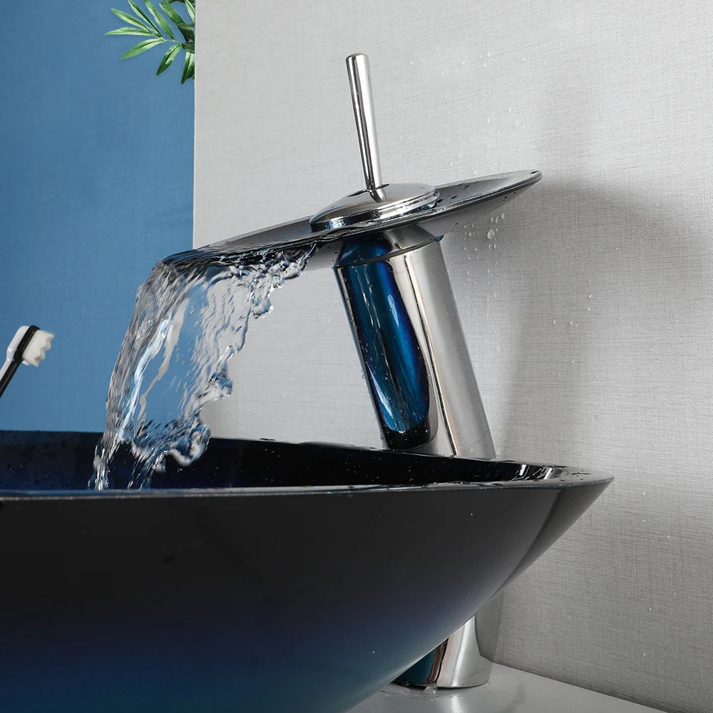 KEMAIDI Artistic Vessel Sink -17 Inch Square Tempered Glass Bowl with Faucet Drain Combo for Above Counter Bathroom Vanity Blue