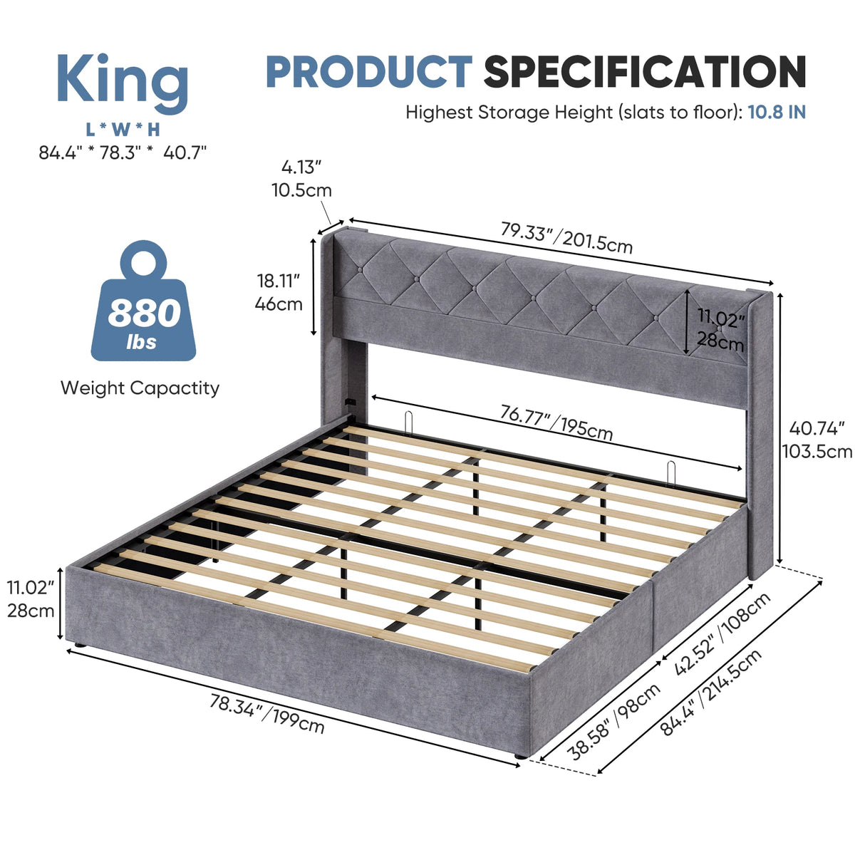 JHK Lift Up Storage Bed Modern Upholstered Platform Bed Frame with Wingback Headboard Hydraulic Lift Storage No Box Spring Needed Easy Assembly For Bedroom