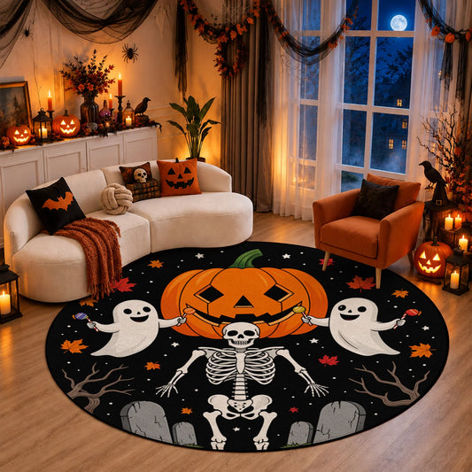 Halloween Pumpkin Ghost Skeleton Round Velvet Mat Machine Washable Decor