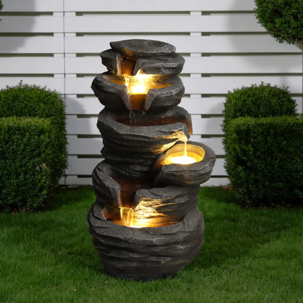 Outdoor Cascading Waterfall Fountain with Lights for Garden Decor