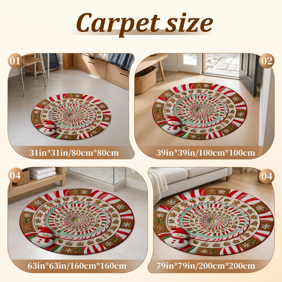 Christmas Candy Cane Gingerbread Snowman Snowflake Washable Velvet Area Rug
